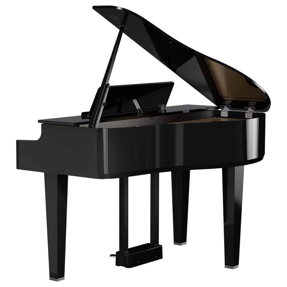Vue arrière du piano numérique à queue Roland GP-§ avec couvercle ouvert en finition noir laqué