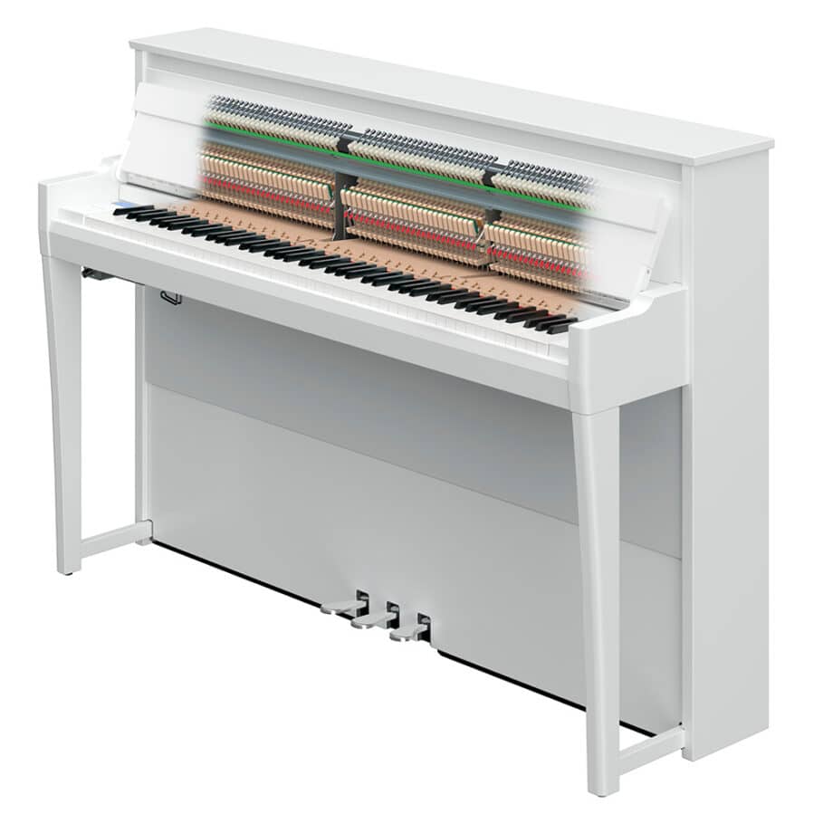 Piano numérique hybride Yamaha NU1XA blanc avec panneau frontal transparent et marteaux apparents