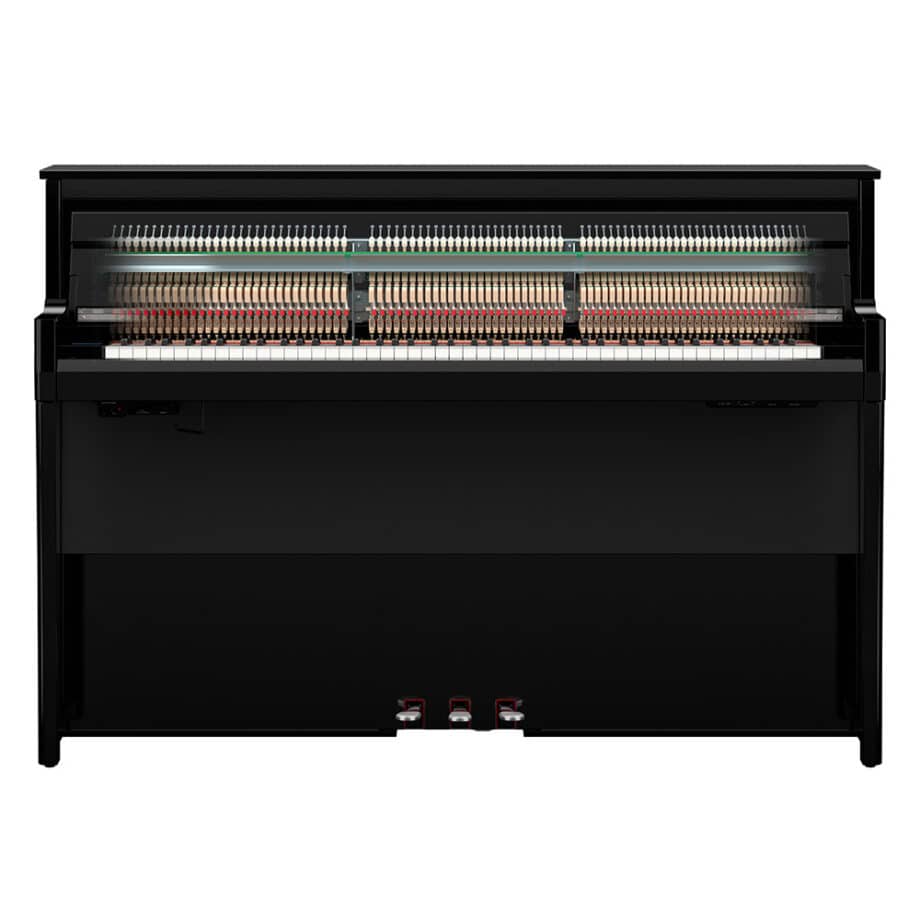 Piano numérique hybride Yamaha NU1XA noir avec panneau frontal transparent et marteaux apparents