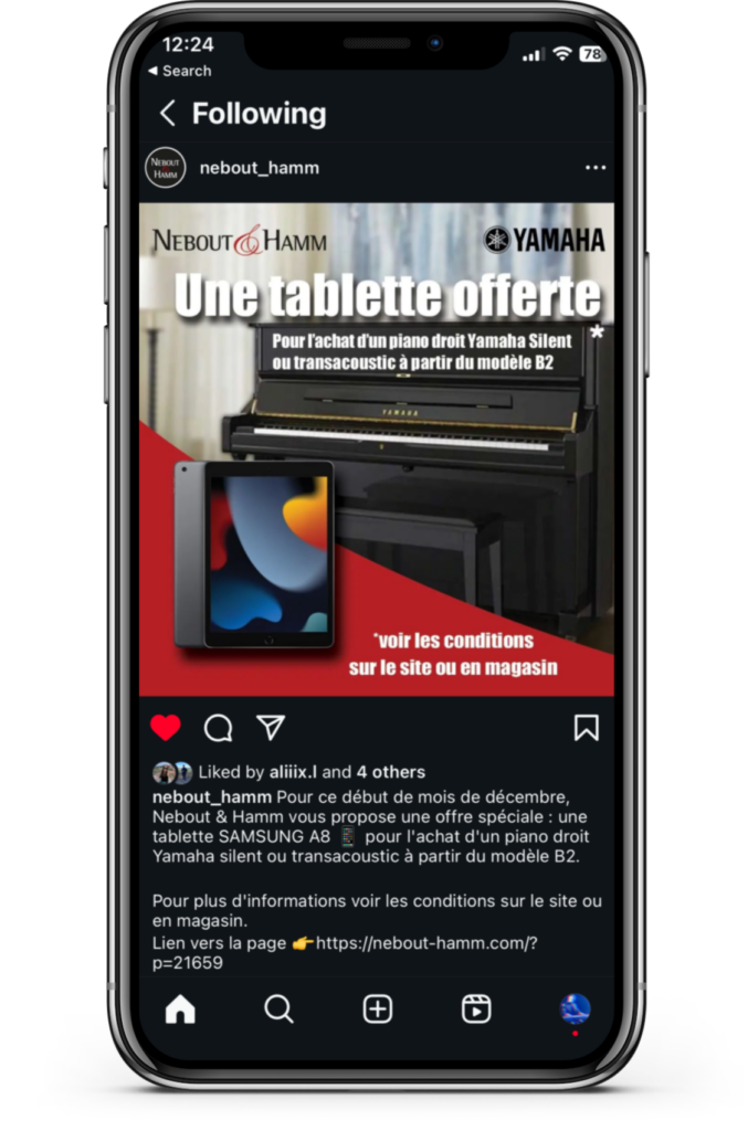 Communication instagram tablette offerte pour piano Yamaha